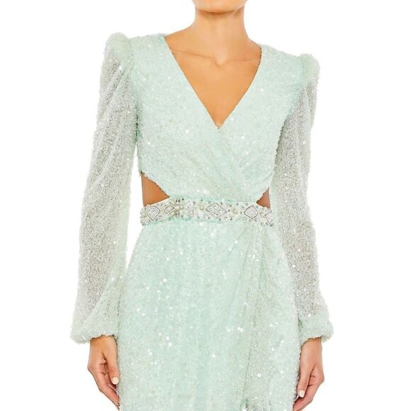 MAC DUGGAL Sequined Faux Wrap Cut Out Puff Sleeve Gown in Soft Mint Size US 4 - Picture 10 of 11